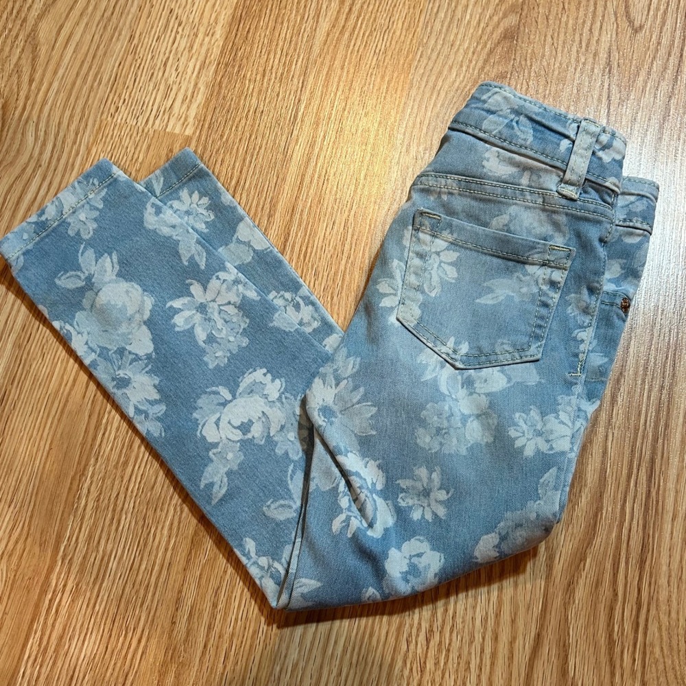Cherokee Girls Floral Print‎ Denim Jeans Kids Size 5 Blue White